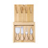 A bamboo cheese board set featuring five stainless steel cheese knives with wooden handles. It includes a convenient storage design.