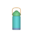 A drink bottle featuring a stainless steel design in green, blue, and orange, with a handle and a logo.