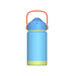 A drink bottle in blue and green, featuring a lid with an orange handle and a logo on the body.