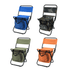 Four foldable camping chairs are displayed: blue, camouflage, green, and orange, each with a cooler bag attached.