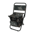 A camouflaged foldable camping chair with a cooler bag underneath and a sturdy black frame. The product includes branding.