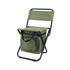 A green foldable camping chair with a built-in cooler bag and a black frame, featuring a zippered front pocket.