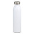 A drink bottle in white with a stainless steel lid and a sleek, minimalist design, featuring a logo.