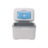 A 6L cooler box in white with a grey interior and a blue ice pack inside. It has a lid that opens from the top.