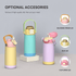 A drink bottle in pastel colours with various lid options. The bottle features a handle and has a logo.