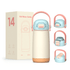 A drink bottle in pastel pink and blue, with a handle, displayed alongside its packaging. Contains 420ml capacity.