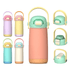 A drink bottle in pastel colours including pink, yellow, and mint green, featuring a handle and a logo.