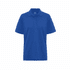 A blue men's polo shirt with a collar and three buttons, featuring a logo on the chest.