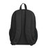 A black backpack featuring padded straps and mesh side pockets, with a simple design and no visible branding.