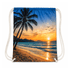 A drawstring backpack featuring a vibrant sunset scene with palm trees, beach, waves, and birds in the sky.
