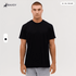 A black t-shirt is displayed on a model, featuring a round neck and short sleeves, with a logo visible.