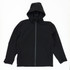 A black weather jacket with a hood, featuring a front zipper and side pockets.