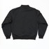 A black bomber jacket with a simple design, featuring a collar and long sleeves. It has a logo on the back.