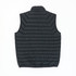 A black puffer vest with a quilted pattern, featuring no sleeves and a high collar. The back is smooth and textured.