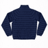 A navy blue puffer jacket with a quilted design and high collar, featuring a logo on the upper back.