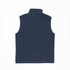 A navy blue softshell vest with a high collar and no sleeves. It features a branding logo.