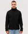 A black softshell jacket with a high collar, featuring a zip pocket and a fitted design.