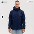 A navy blue utility jacket with a hood, featuring a logo and a front zip.