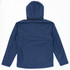 A utility jacket in navy blue, featuring a hood and a simple back design. It has a logo on the sleeve.