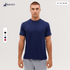 A navy blue T-shirt displayed on a model, featuring a round neckline and short sleeves. It has a logo.