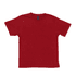 A red t-shirt with short sleeves and a crew neckline, featuring a logo on the label.
