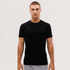 A black T-shirt displayed on a male model against a plain background, featuring a logo on the hem.