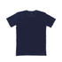A navy blue T-shirt with a round neckline and short sleeves, featuring a logo on the inside tag.