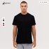 A black T-shirt featuring a classic fit, with a logo present, displayed on a model against a neutral background.
