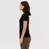 A women's essential tee in black, featuring a fitted design and short sleeves, displayed on a model from the side.