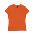 An orange women's surf tee with a round neckline and short sleeves, featuring a logo at the neck.