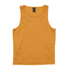 A gold singlet featuring a simple design and a tag with a logo.