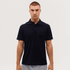 A black polo shirt with a collar and three buttons, featuring a logo on the chest.