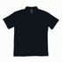 A black polo shirt with a collar and three buttons, featuring a branding label on the inside.
