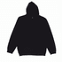 A black hooded sweatshirt featuring a front pocket and drawstring hood. Includes a logo on the garment.