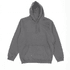 A grey hoodie with a front pocket and drawstring hood, featuring a logo on the chest.