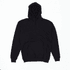 A black hoodie with a front pocket and a drawstring hood. It features a logo.