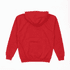 A red hoodie with a back view, featuring a hood and ribbed cuffs. It includes a logo on the front.