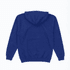 A hooded sweatshirt in a deep blue colour, featuring a rear view and a spacious hood. It has a logo on the front.