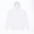 A white hoodie featuring a front pocket and an adjustable drawstring hood. It has a logo on the front.