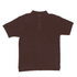 A maroon polo shirt with a collar and three-button placket, featuring a branding logo.