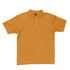 A short-sleeved polo shirt in a vibrant mustard yellow colour, featuring a collar and buttons. It has a logo.