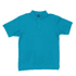 A turquoise polo shirt with a collar and buttons, featuring a logo on the chest.