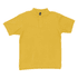 A yellow polo shirt featuring a collar and three-button placket, with a logo on the tag.