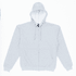 A light grey zip-up hoodie featuring a hood and front pockets, with a small logo on the inside.