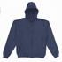 A navy zip-up hooded sweatshirt with a front pocket and drawstring hood. It features a small logo.