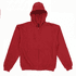 A red zip-up hooded sweatshirt featuring a front pocket and adjustable drawstrings on the hood.