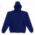 A navy zip-up hoodie with a front zipper and a hood, featuring a logo.