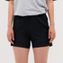 Black running shorts with an elastic waistband, featuring side pockets and a comfortable fit.