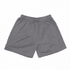 Grey shorts made from lightweight fabric, featuring an elastic waistband and a logo.