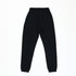 Black track pants with an elastic waistband and cuffs, featuring a logo on the waistband.